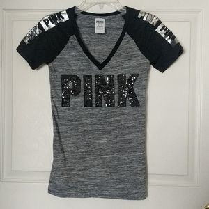XS Pink Bling/Sequins V-Neck T-Shirt